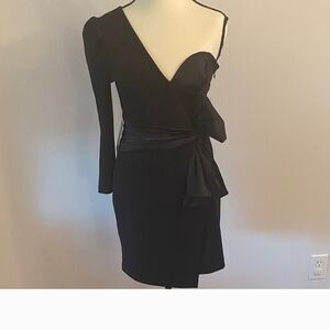 Express Black One Shoulder Cocktail Dress Long Sleeve Satin Bow Waist Sheath S 6